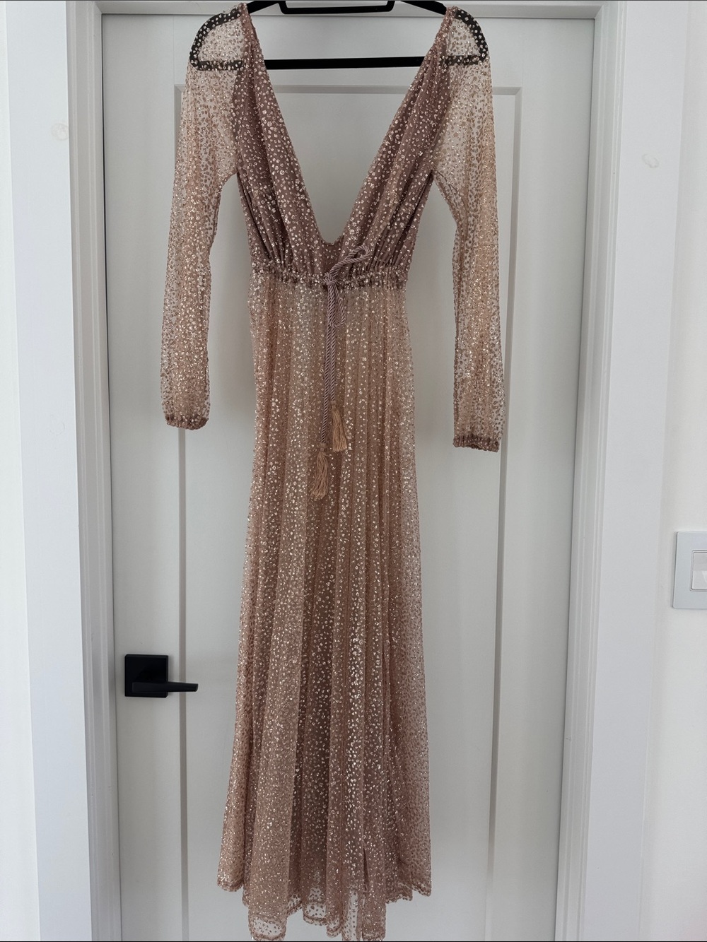 Sparkling Sheer Deep V Maxi Dress in Bronze